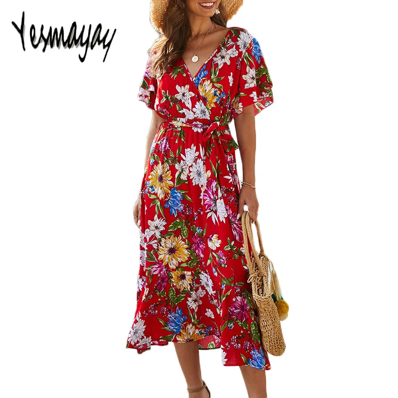 Женское богемное пляжное платье с цветочным принтом длинное макси коротким