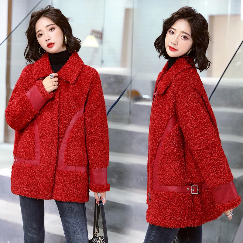 Женское длинное пальто из искусственной овчины с красным мехом модная Свободная