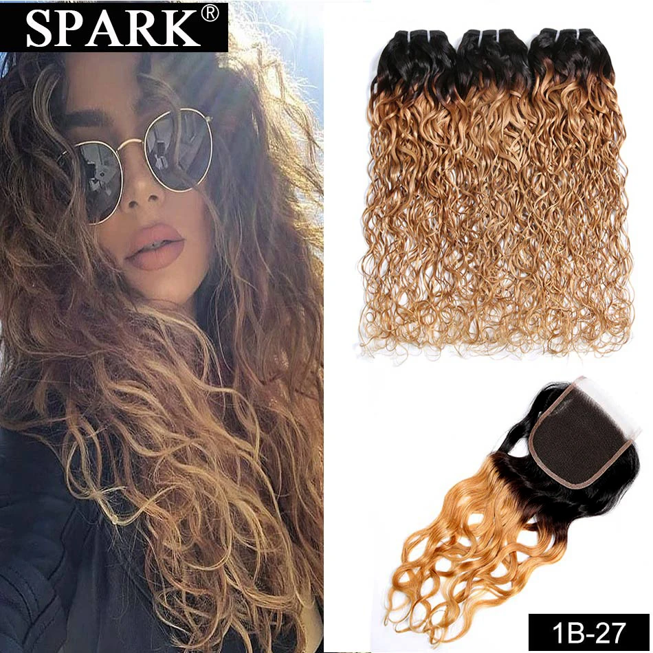 1B 27 Spark Hair Ombre бразильские волнистые пряди с закрытием человеческие волосы с закрытием Remy человеческие волосы для наращивания средний коэффициент - Цвет: 1B 27