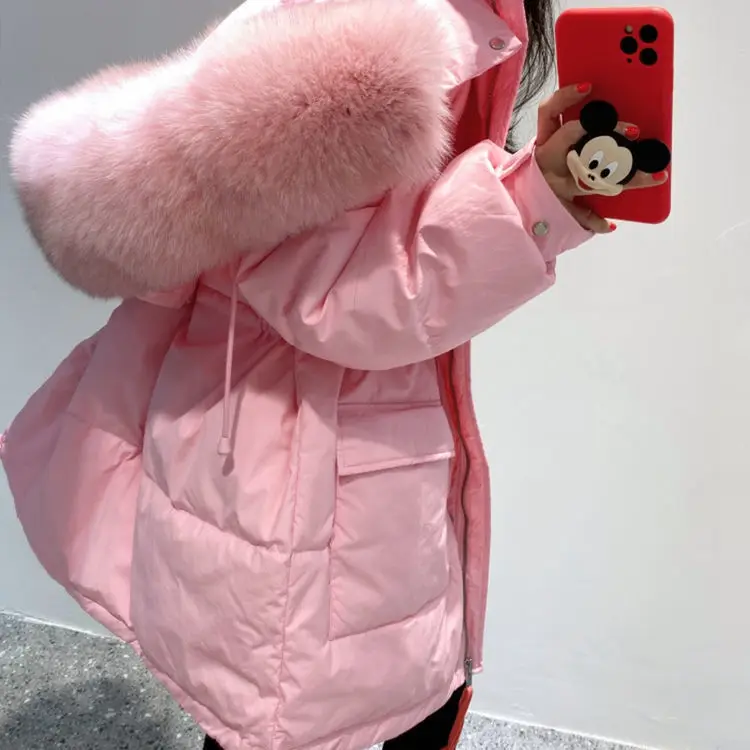 

Women 2021 Winter Large Natural Fox Fur Down Coat Female Thick White Duck Down Parka Ladies Hooded Warm Casual Outerwear A647