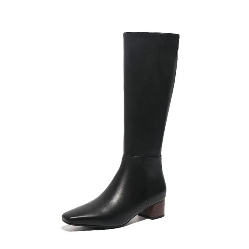 

FOREADA Real Leather Riding Boots Woman Med Heel Knee High Boots Thick Heel Long Boots Zip Square Toe Lady Shoes Autumn White 40