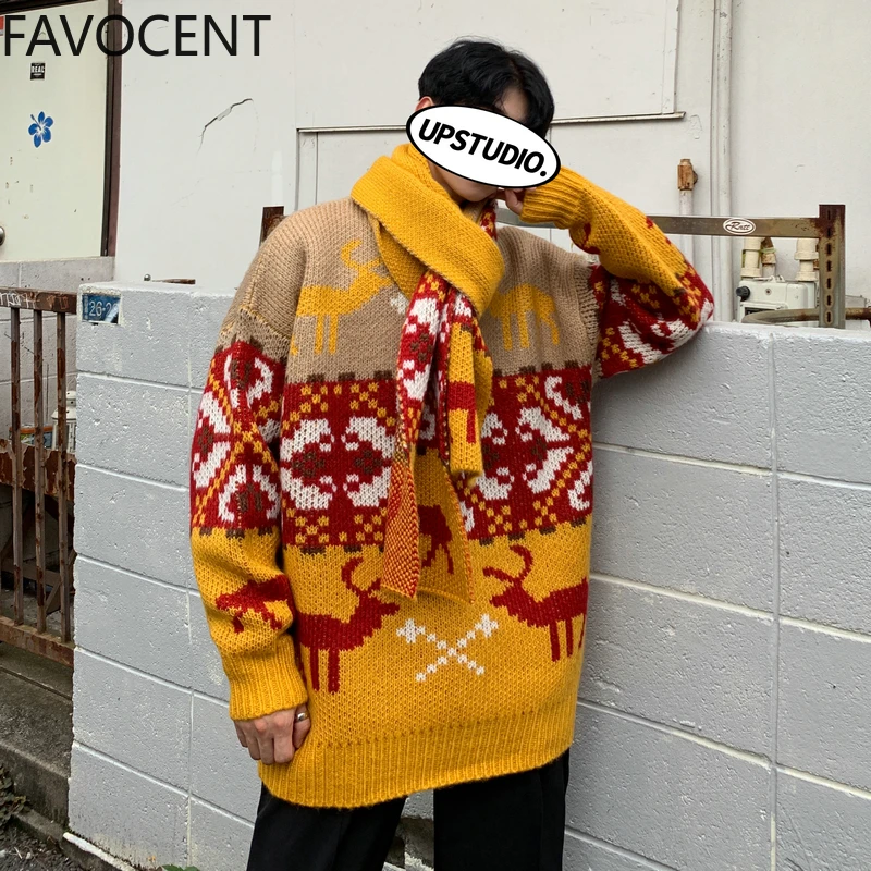 Мужской толстый свободный свитер в этническом стиле с мультяшным принтом модный
