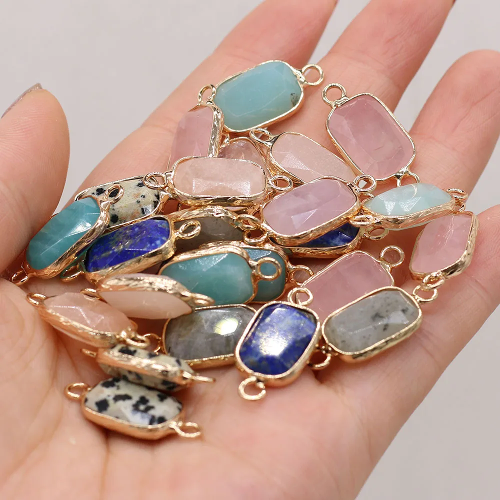 z kamienia naturalnego prostokątne złote obrzeże wisiorek podwójnym otworem do tworzenia biżuterii DIY Charms bransoletka akcesoria naszyjnikowe