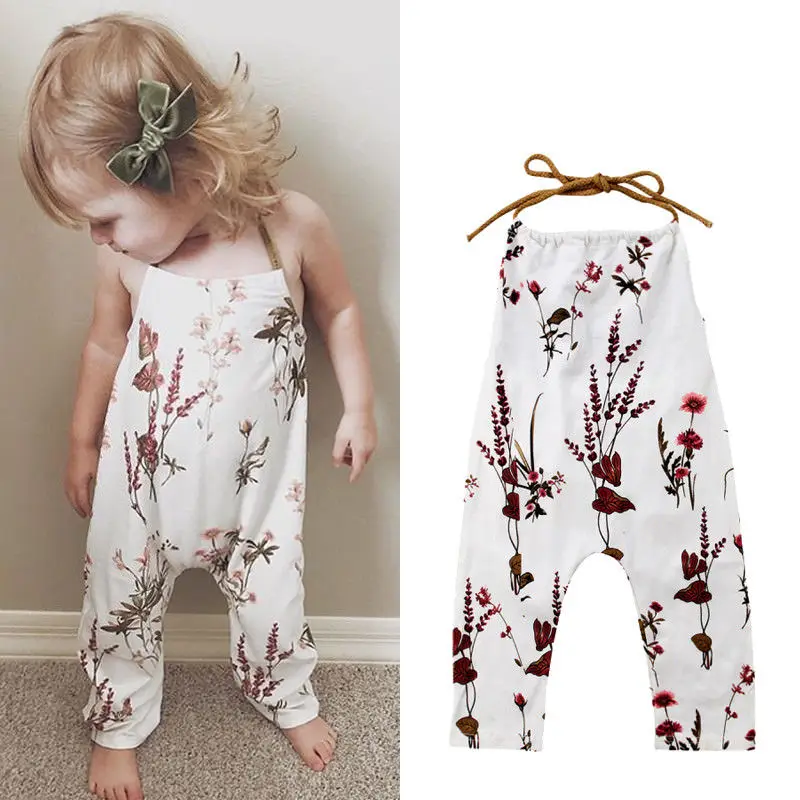 

2021Summer Newborn Kids Baby Girl Flower Halter Sleeveless Romper Jumpsuit Playsuit Outfits Floral White Fashion Sunsuit