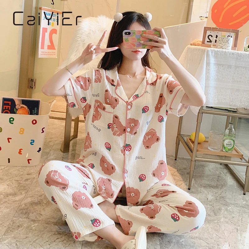 

CAIYIER Pajama Female Summer Cotton Japanese Kawaii Strawberry Print Nightwear Cartoon Bear Sleepwear Short Sleeved Pants Pajama
