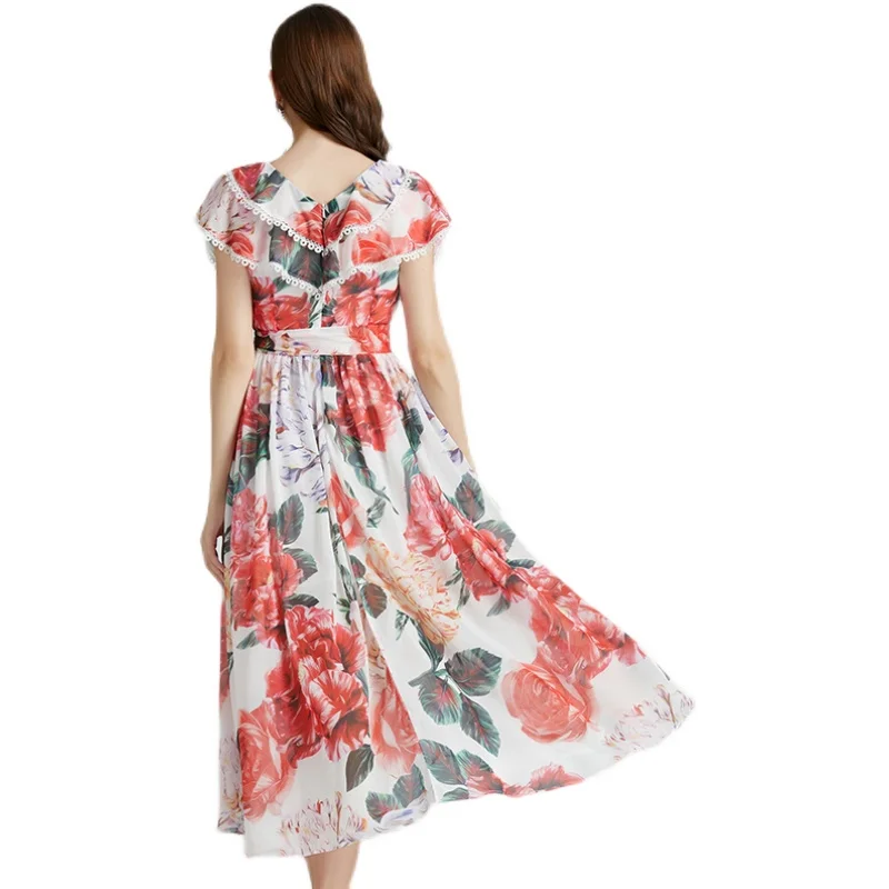 

High Quality New Summer Runway Maxi Dress Women's Ruffles Lace Splicing Cap Sleeve Casual Floral Printing Long Dress S7394