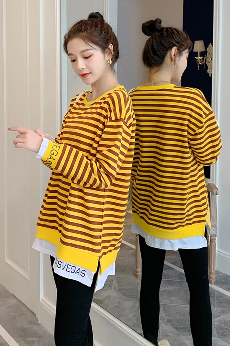 

863# Spring Autumn Striped Cotton Maternity T Shirt Long Sleeve Loose Patchwork Tees For Pregnant Women Pregnancy T-shirt Tops