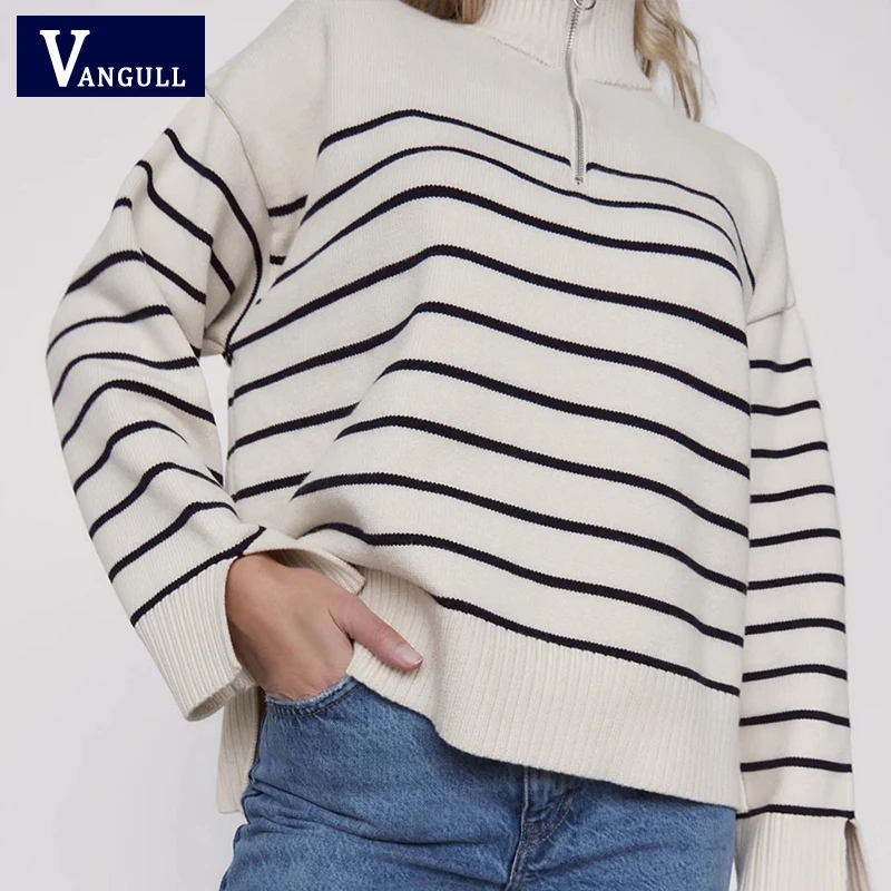 

Vangull England Style Stripe Knitted Sweater Women Spring Loose Zipper Sweater Pullovers Ladies Long Sleeve Asymmetry Jumpers
