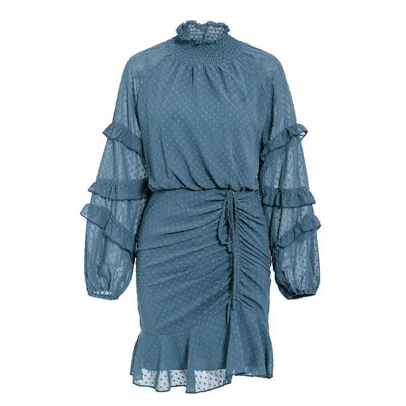 S19DR3265 Misswim, Осеннее облегающее платье в горошек, Женские винтажные зимние платья с рюшами, Дамское элегантное офисное короткое платье на шнуровке, vestidos - Цвет: S19DR3265