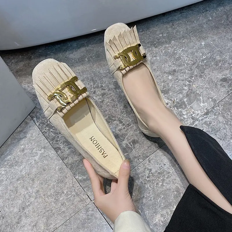 

Casual Woman Shoe Fringe Shallow Mouth Soft All-Match Square Toe Slip-on Modis Female Footwear Tassel Moccasin Slip On New 2021