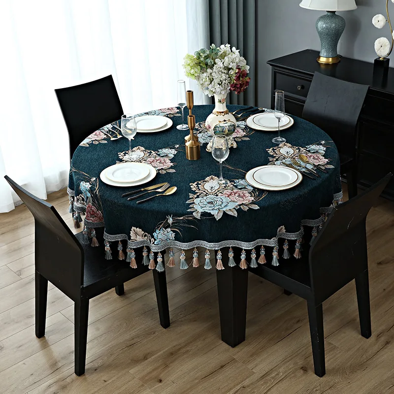 

Retro Round Tablecloth Luxury Classical Yarn-dyed Jacquard Tassel Tablecloth Elegant Fringe Home Dining Decor Table Cloth