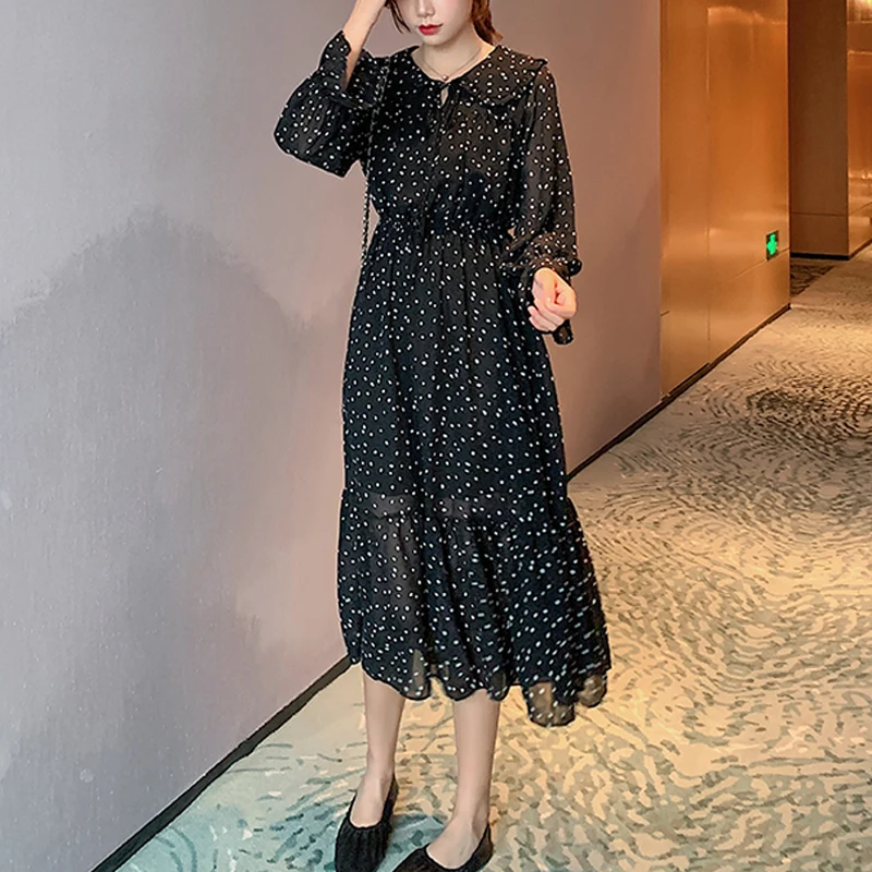 BGTEEVER винтажное на шнуровке в горошек женское платье с расклешенными рукавами