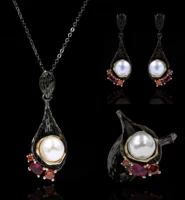 cizeva classic noble freshwater pearl black gold earrings pendant necklace ring for women retro ruby wedding jewelry set