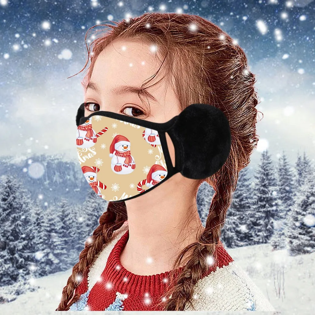 

6PCS Children Christmas Cute Pattern Mask Autumn Winter Warm Plush Reusable Washable Breathable Face Mask With Woollen Earmuff