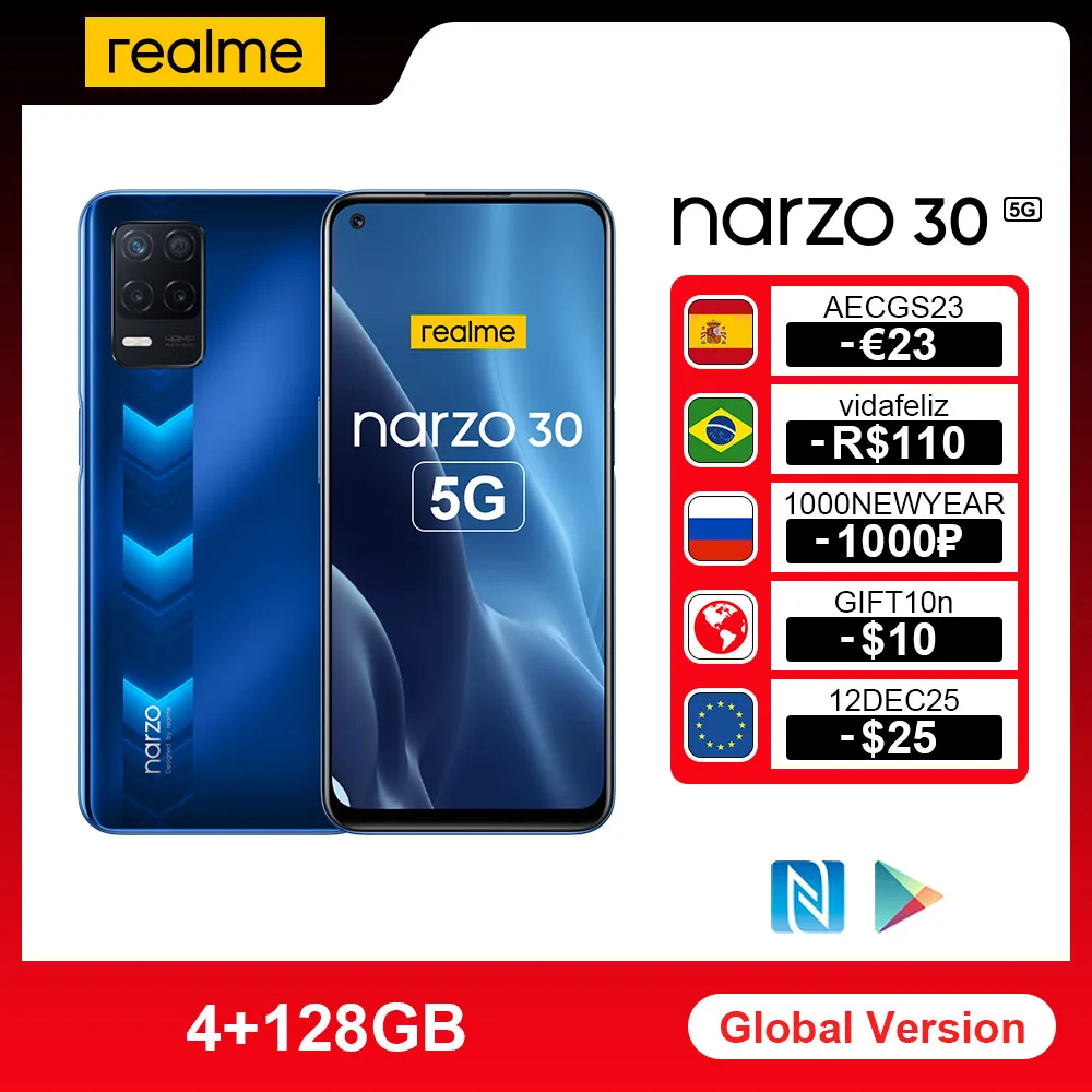 

(-₽1000 Code: NEWYEAR1000 ) (₽1300 off Over ₽15000 Code: NEWYEAR1300 ) Смартфон Realme Narzo 30 телефон, восемь ядер, экран 700 дюйма, 4 Гб + 128 ГБ