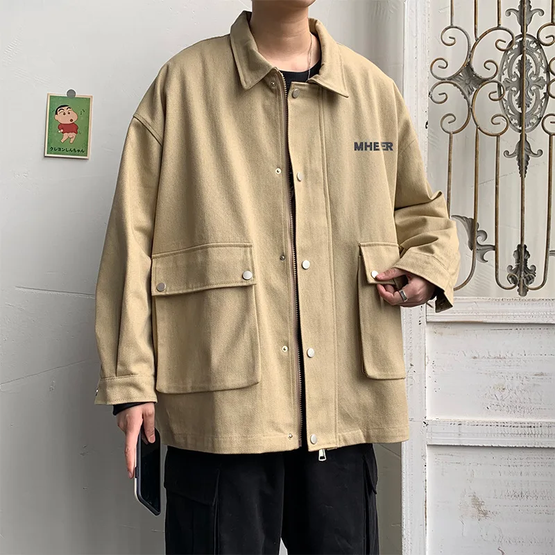 

Spring Men Clothing Fashion Jacket Casual Loose Turn-down Collar Mens Coat 2021 Autumn New Solid Outdoor Streetwear Male Clothes