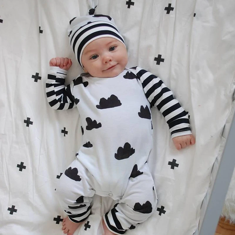 

Newborn Baby Boy Girl Romper & Hat Outfits Long Sleeves Clouds Printed Jumpsuit Infant Clothing Cartoon Cotton Full Unisex