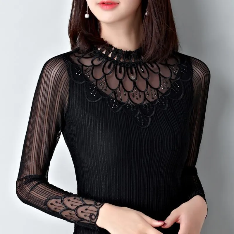 

Женская осенне-зимняя одежда, модные эластичные футболки с длинным рукавом, Черная Кружевная футболка с вышивкой, футболка оверсайз C323