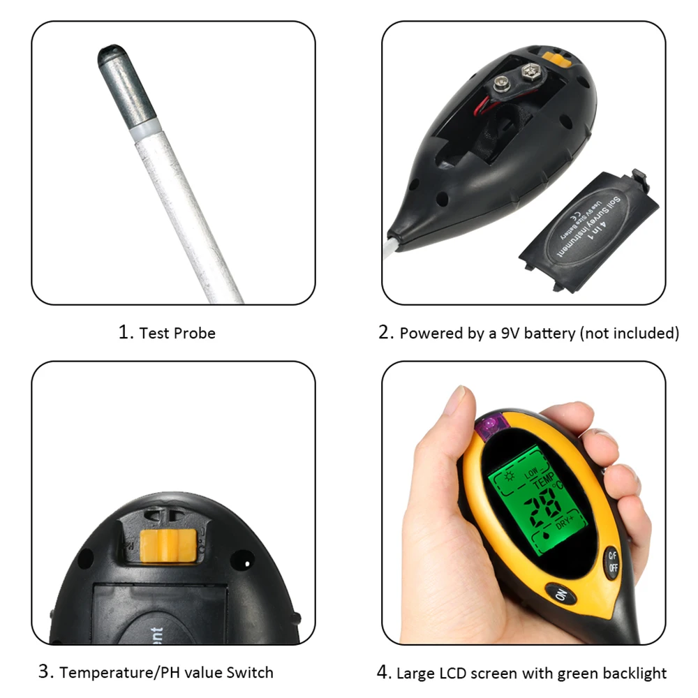 

4 In 1 Digital Soil PH Meter Soil Moisture Monitor Temperature Sunlight Tester Meter Acidity Moisture Measurement Garden Tool