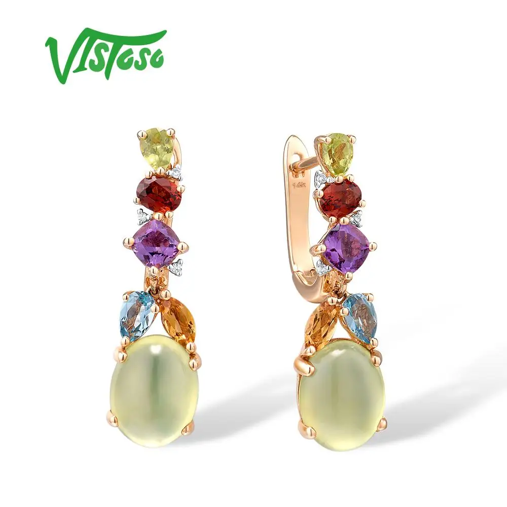 

VISTOSO Gold Earrings For Women 14K 585 Rose Gold Colourful Semi-Precious Stone Diamond Wedding Anniversary Elegant Fine Jewelry