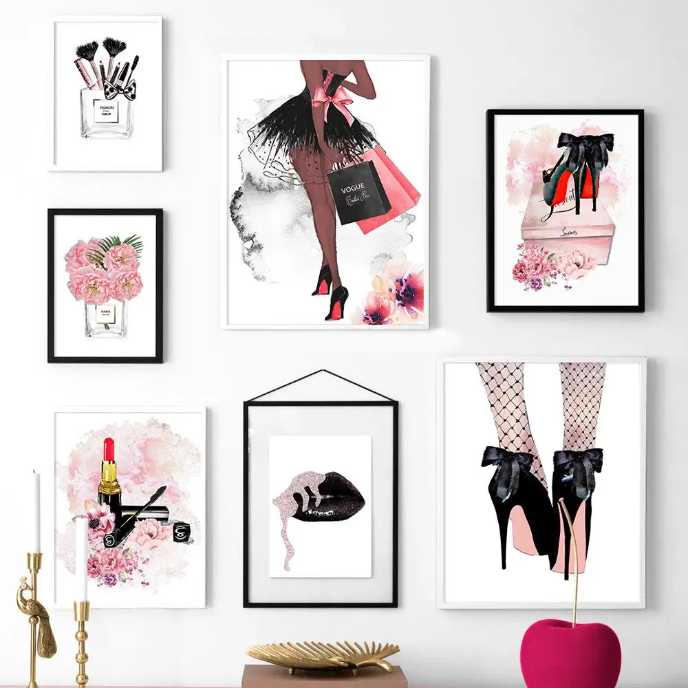 

Fashion Girl Makeup Art Poster Lipstick High Heels Paris Perfume Wall Canvas Painting Pink Wall Pictures Home Decor Girl Room