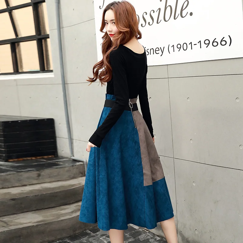 

2021 Spring Summer New Women's Two-Piece Round Neck Pullover Blouse + Elastic Waist Stitching A-Line Skirt Fashion Suit Female