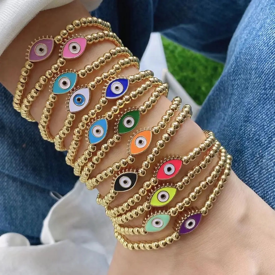 10Pcs Trendy Enamel Eye Shape Bracelet Cute Jewelry Gold Color Beads Jewellery Beaded Stretch Bracelets For Women Girl