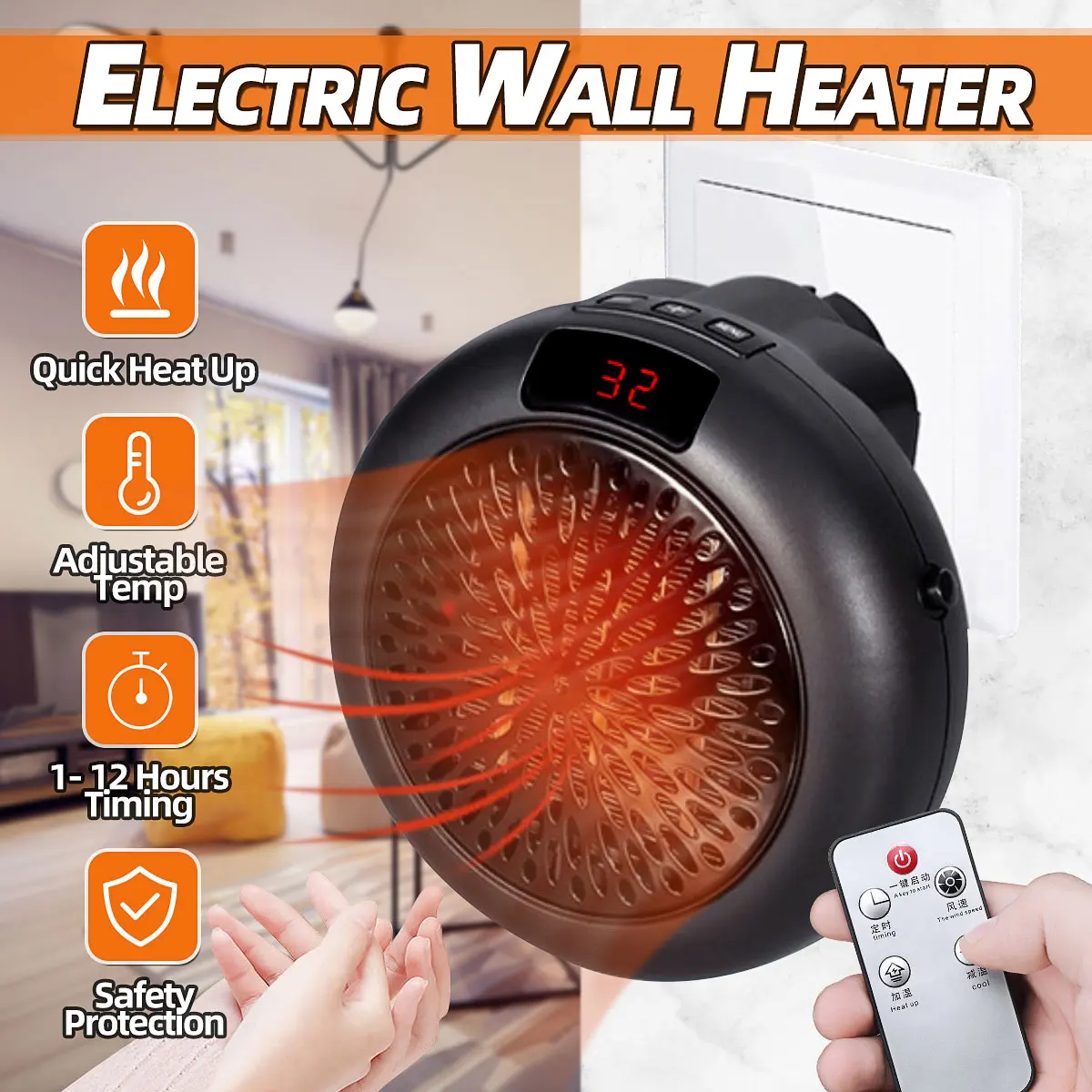 

Portable Electric Space Heater Wall Mount Home Office Desktop Warm Air Heater Warmer Fan Silent Remote Fast Heat Thermostat 900W