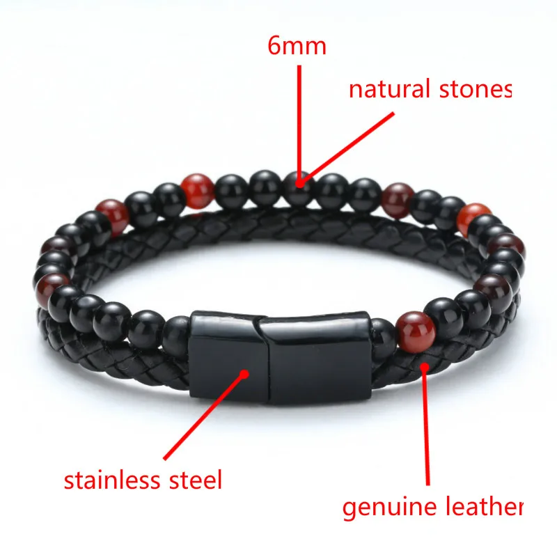 Мужской браслет из натуральной кожи черный с бусинами и натуральным камнем