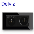 Французская розетка Delviz с USB-портами, черная кристаллическая панель, 146 мм * 86 мм, переменный ток 110  250 В, управление переключателем, настенная розетка с двойной рамкой