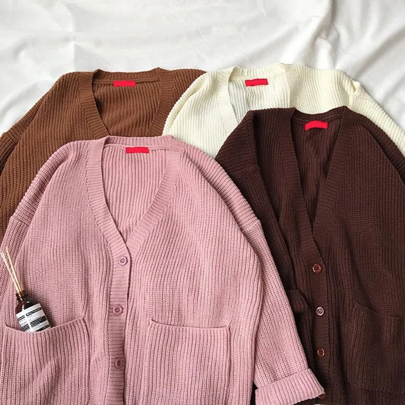 Женский вязаный свитер с длинным рукавом однотонный однобортный свободного кроя