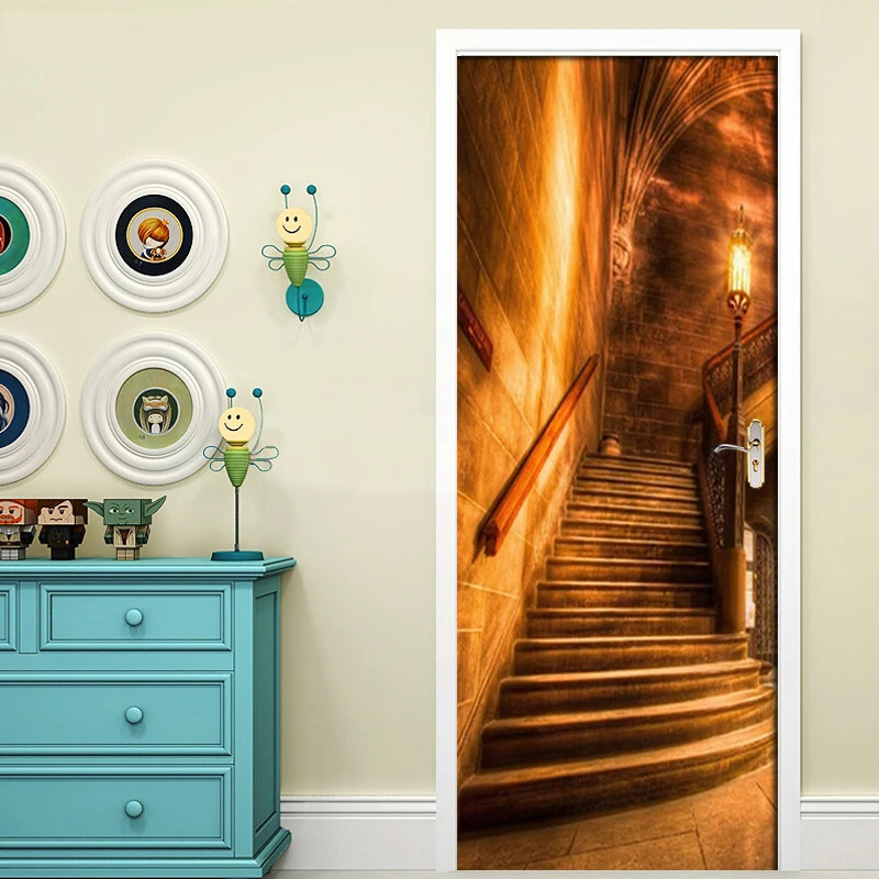 Самоклеящиеся наклейки на дверь из ПВХ золотой коридор лестница фотообои для