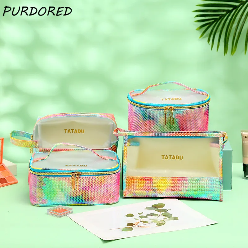 

PURDORED 1 Pc Colorful Laser Women Makeup Bag PU Waterproof Cosmetic Bag Large Beauty Case Travel Toiletry Makeup Organizer Case