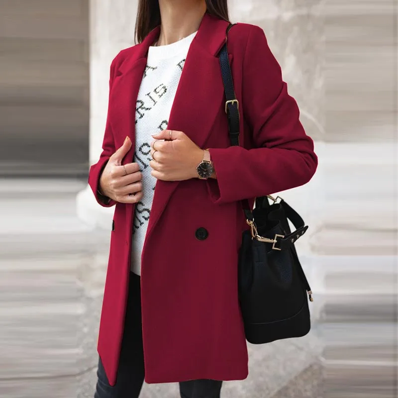 

Женское Свободное пальто, осенняя модная двубортная Дамская куртка с отложным воротником и длинными рукавами, винтажная однотонная повсед...