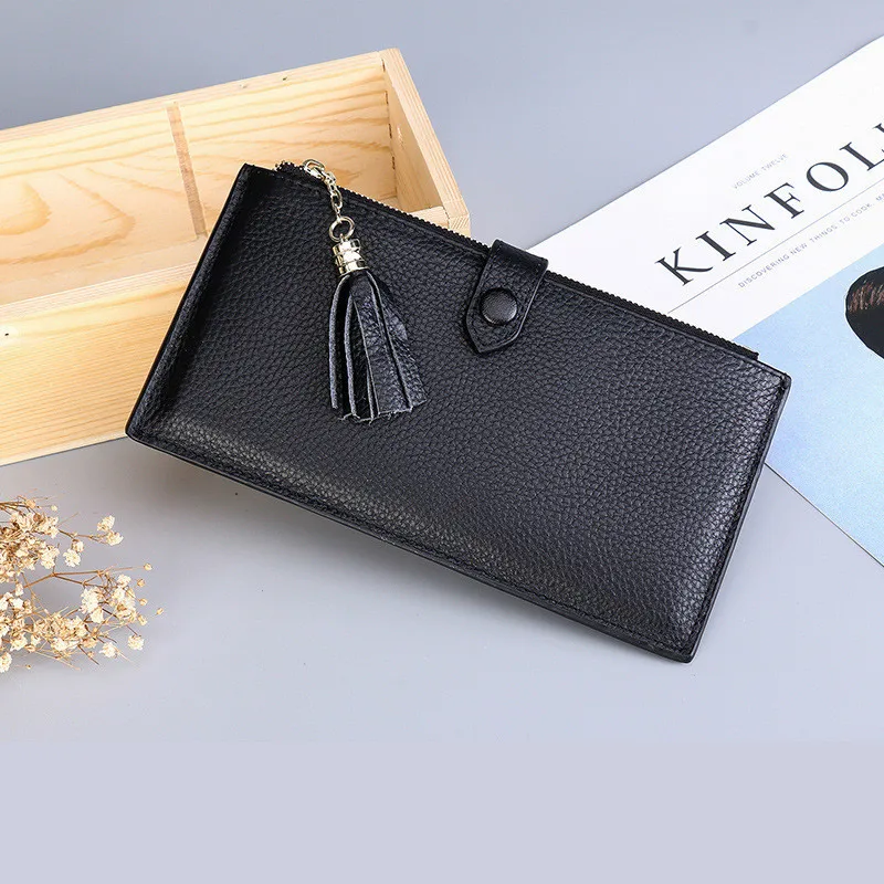 Модные женские кошельки из натуральной кожи, длинные клатчи, Rfid, деловой Футляр для карт, Дамский кошелек для монет, держатель для карт, кошелек для телефона - Цвет: black