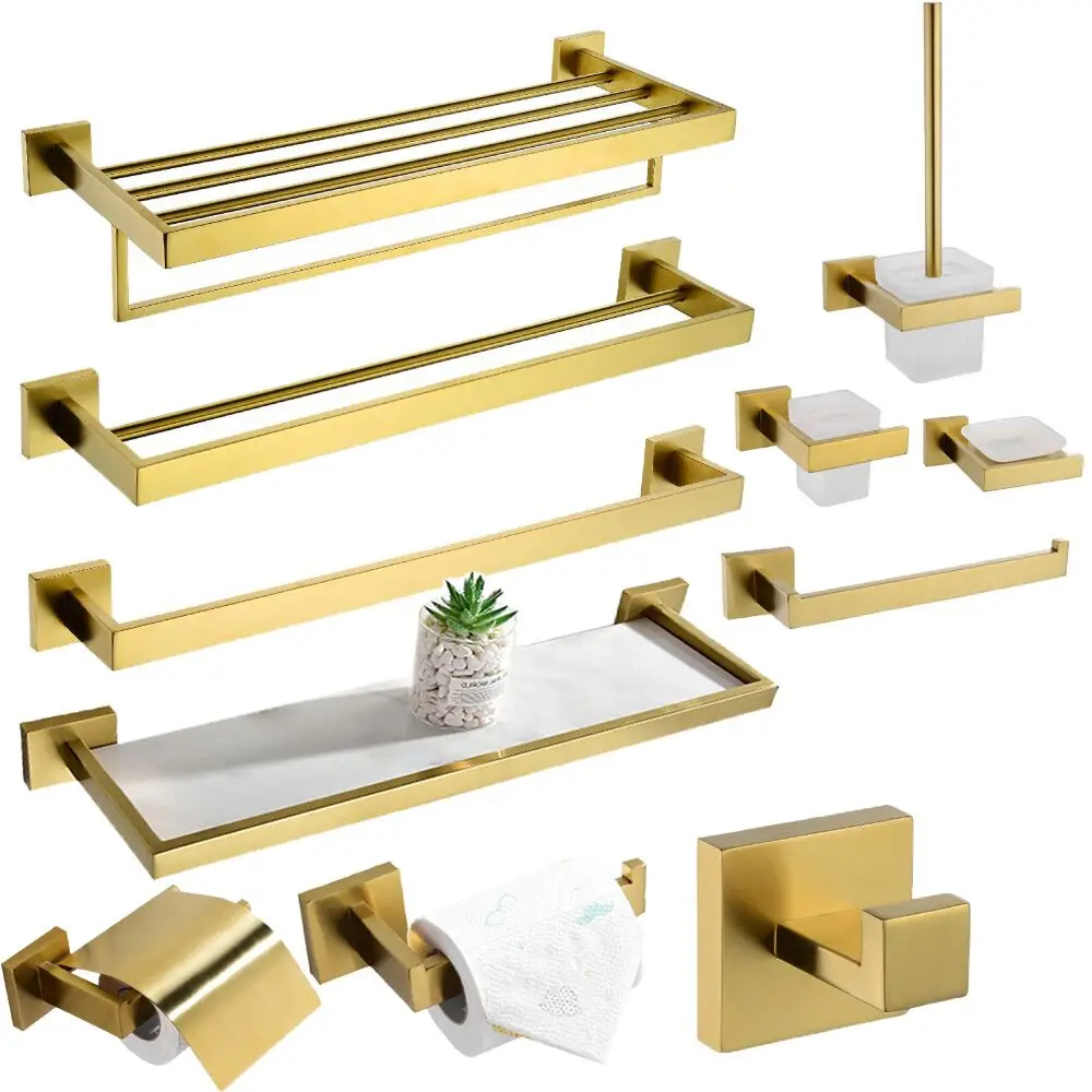 

Дешевое настенное крепление из нержавеющей стали, Матовый Золотой квадратный набор аксессуаров для ванной комнаты