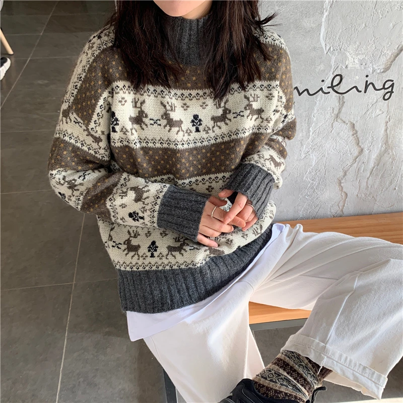 

2021 New Turtleneck Christmas Sweater Fashion Warm Knitted Pullover Tops Women Korean Style Vintage Outwear Sweaters