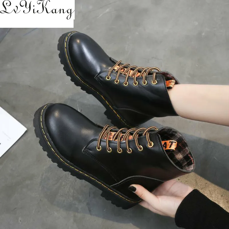 

Новинка 2019, ботинки, модные женские однотонные кожаные ботинки со шнуровкой на средней толстой подошве, Ботинки Martin с круглым носком, улична...