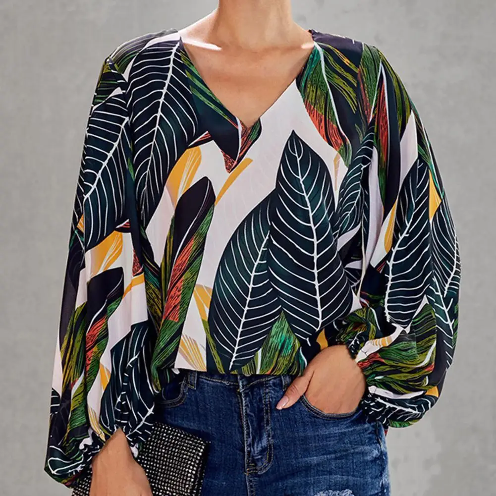 

Свободная рубашка, Повседневный пуловер, рубашка с длинными рукавами-фонариками, женская рубашка с цветочным принтом и V-образным вырезом д...