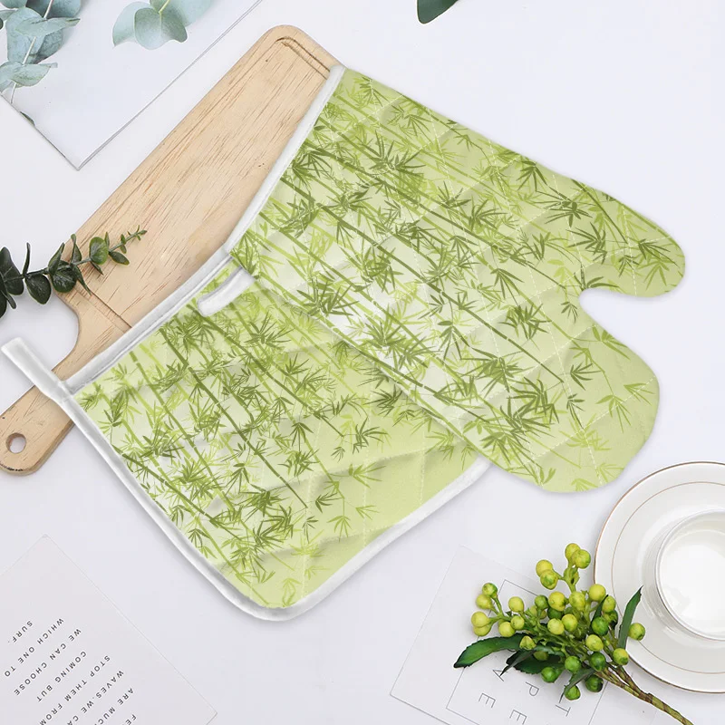 Перчатки для духовки с зелеными бамбуковыми листьями перчатки барбекю защитой