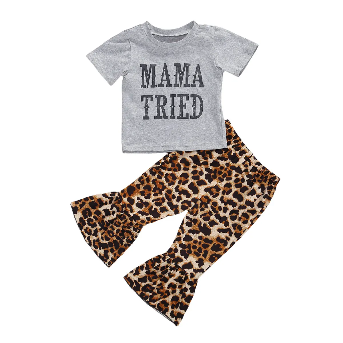 

0-3Y Summer Toddler Baby Girls Clothes Sets Letter Grey Short Sleeve T Shirts Tops+Leopard Flare Pants