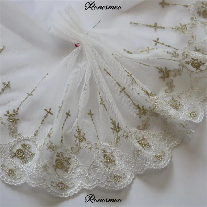 Мягкая фатиновая ткань цвета слоновой кости с золотой нитью вышивка Venise
