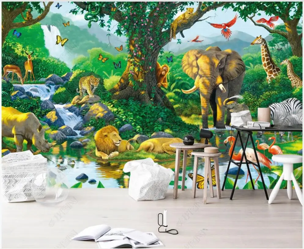 

3d photo wallpaper custom mural Animal World Monkey Elephant Lion Rhino Children's Room home decor wallpaper for walls in rolls