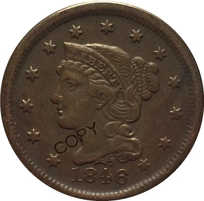 1846 США 1839-1857 Заплетенные волосы большой цент копии монет - Цвет: 1846