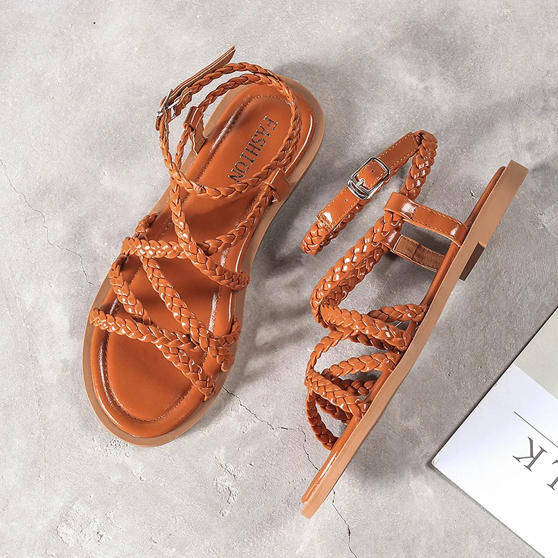 

WEIBATE Summer New Sandals Women's Shoes Bohemian Hemp Rope Woven Flat Non-slip Casual Wild Soft Bottom Roman Sandals