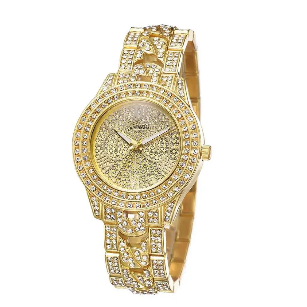 Женские часы Женева классические роскошные стразы женские модные золотые Reloj Mujer