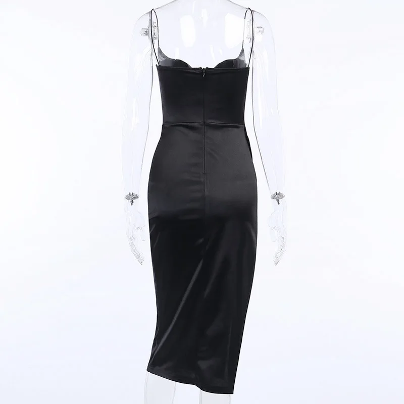 

Sexy Deep V Neck Slits Party Dress Sleeveless Backless Shiny Black Red Satin Maxi Evening Dress Pleated Open Back Club Dresses