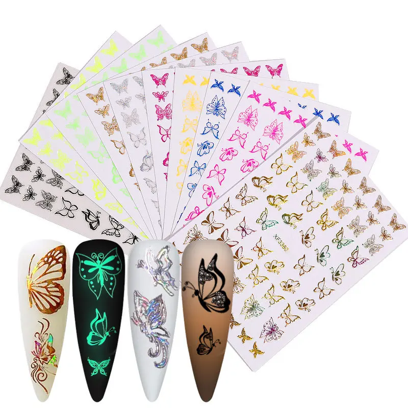 

Nail Butterfly Stickers Set mix Decals 12 colors laser/black/gold/silver/red lumious Wraps Manicure Summer Nail Art Decorations