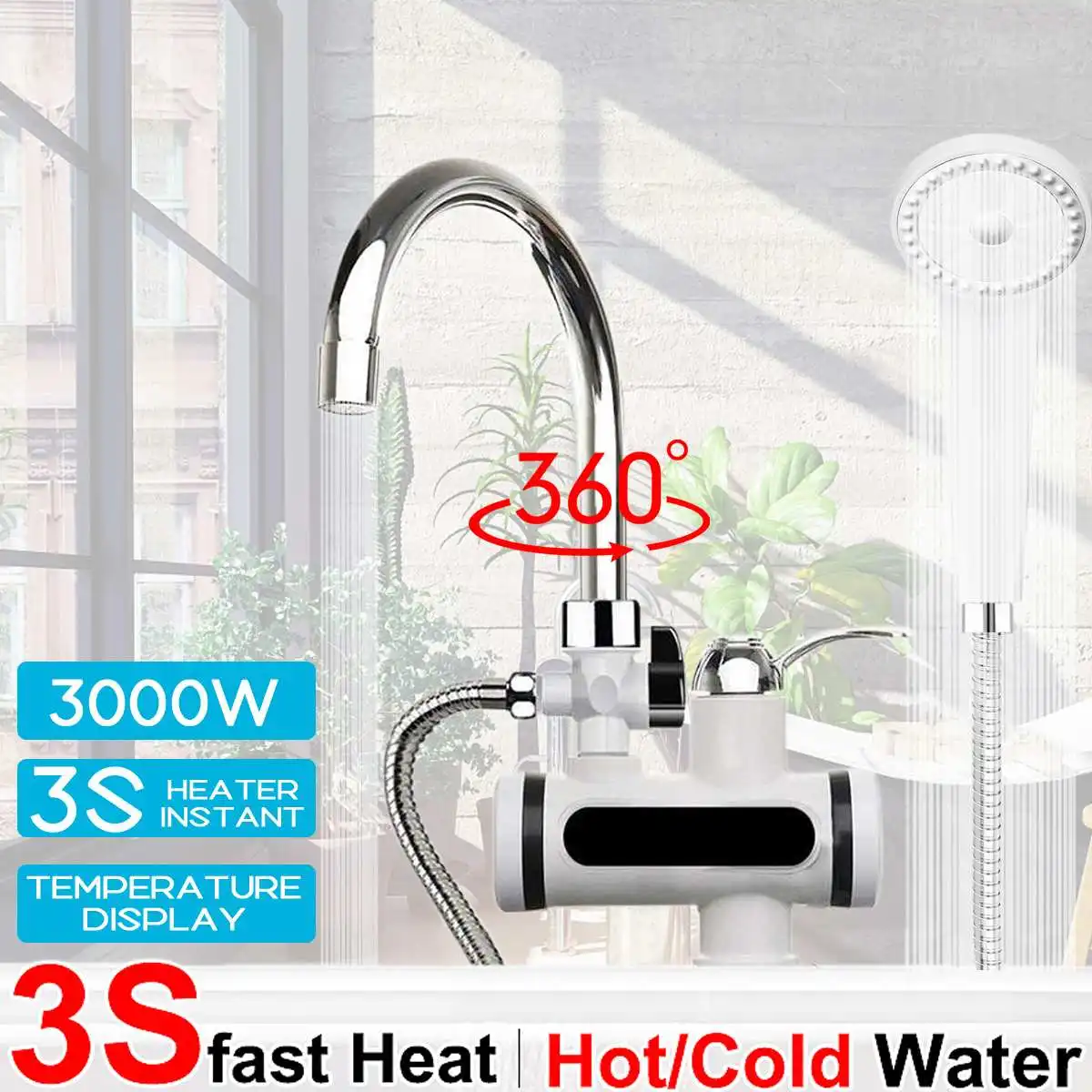 

3000W Instant Electric Faucet Tap 220V Hot Water Heater Stainless Steel LED Display Rotatable Bathroom Kitchen Showerhead