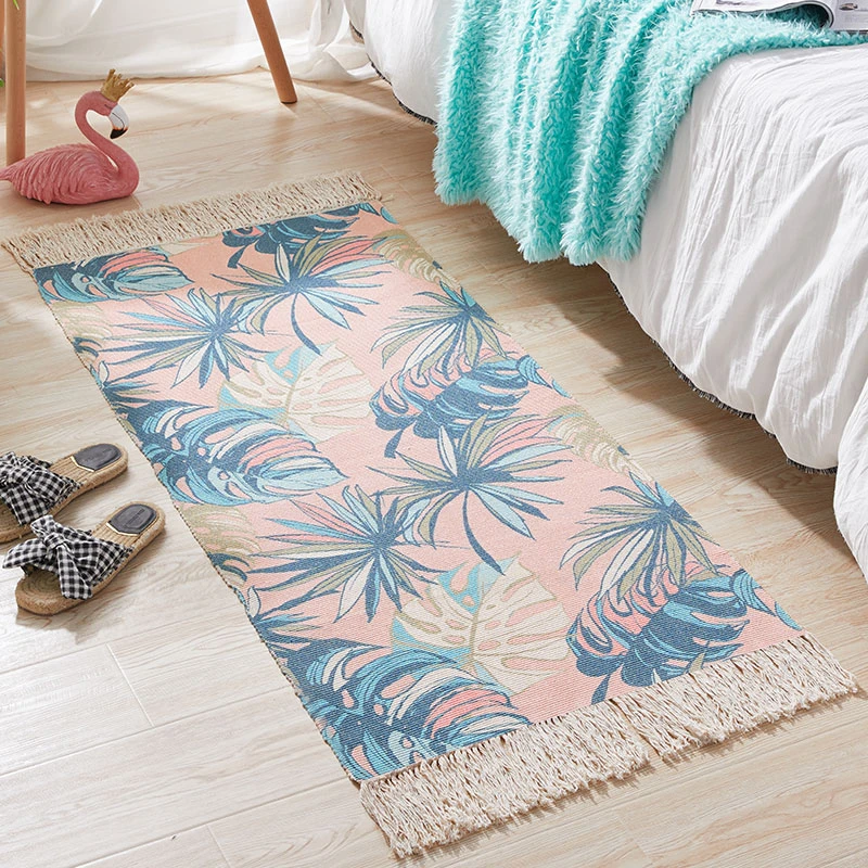 

RFWCAK Retro Bohemian Hand Woven Cotton Linen Carpet Rug Bedside Rug Flower Floor Mat Living Room Bedroom Carpet Home Decoration